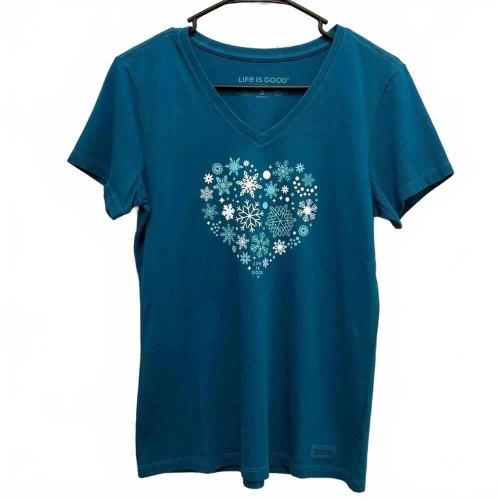 NEW LIFE IS GOOD women's crusher snowflake heart tee in mallard green